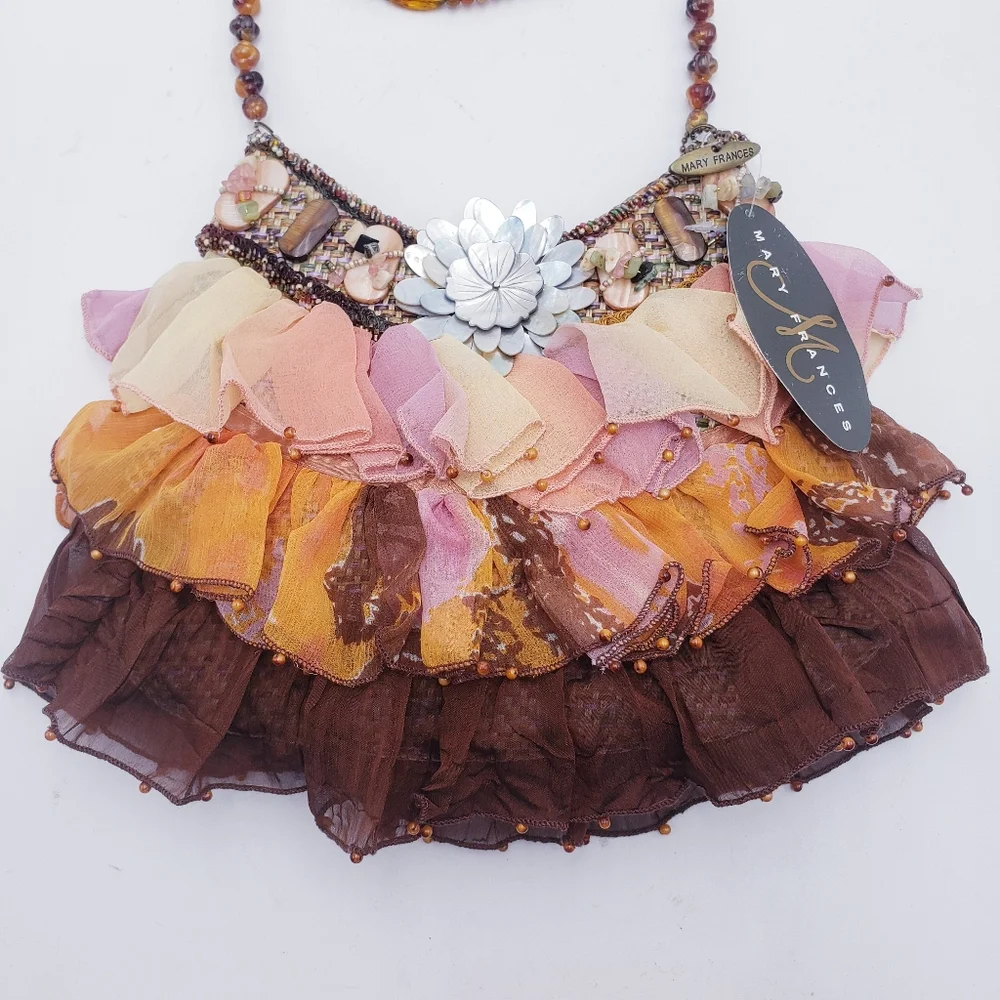 Mary Frances Beaded Tulle Ruffle Wicker Shoulder Bag‎ Mother of Pearl Earthtones